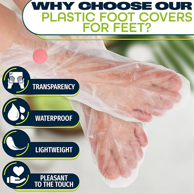 200 Pcs Plastic Foot Covers for Feet – 13 USA Leak-Proof, Durable, Ribbed Anti-Slip Design with 200 Stickers for Snug Closure – Plastic Socks for Moisturizing Feet, Great for Wax Foot Care & Hydration