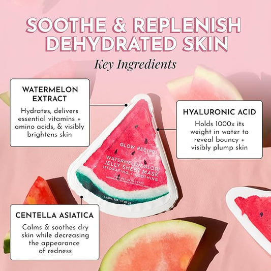 Glow Recipe Watermelon Glow Jelly Sheet Mask Bundle (3 Count) - Disposable Hydrogel Face Mask with Centella Asiatica & Hyaluronic Acid - Skin-Cooling Serum to Soothe & Replenish Dehydrated Skin