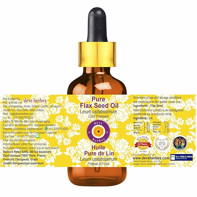 dève herbes Pure Flax Seed Oil (Linum usitatissimum) with Glass Dropper Cold Pressed 15ml (0.50 oz)