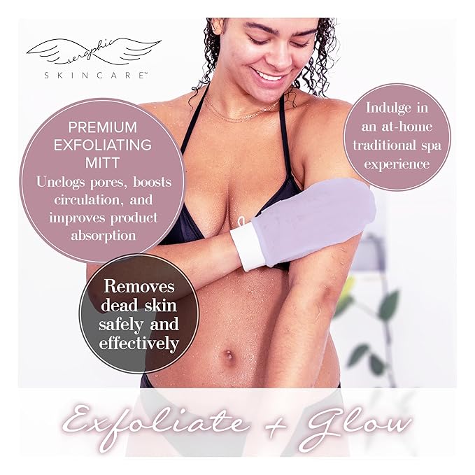 Seraphic Skincare (Lavender) Premium Exfoliating Mitt for Body (1pc) – 100% Vegan Viscose Traditional Body Scrub Glove Kessa Korean Washcloth – Body Exfoliator for Self-Tan Removal & Keratosis Pilaris