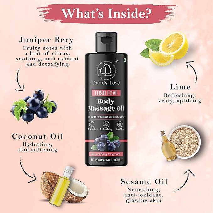 Organic - Berry Full Body Massage Oil - Revitalising, Detoxifying | No Stain & Non-Sticky | with Fractionated Coconut Oil, Lime & Juniper Berry Oil - 4.05 Fl Oz