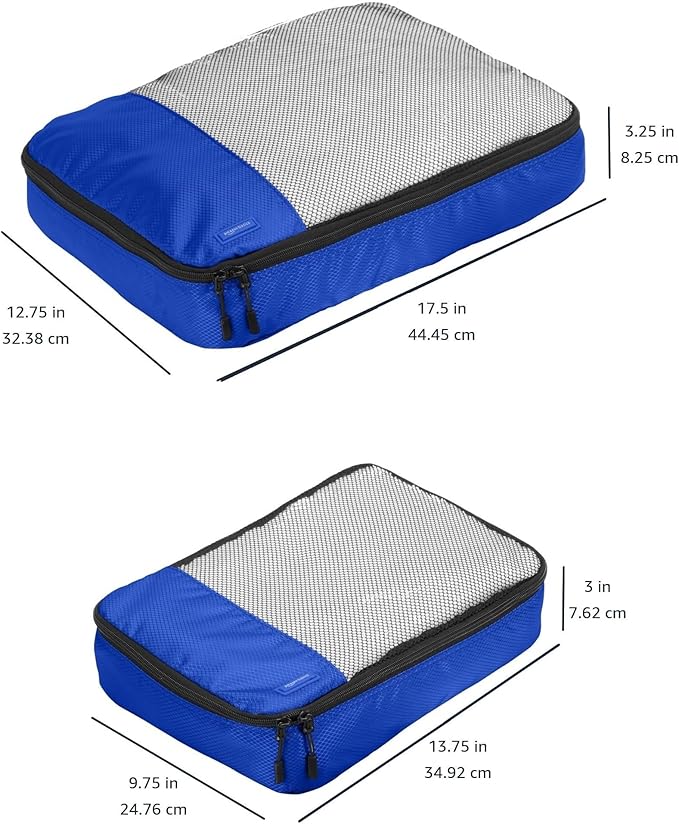 Amazon Basics Packing Cubes for Travel, Packing Organizers Set, 4-Piece-Set (2 Medium And 2 Large) With Double Zipper Pulls and Mesh Top Panel, 100% Durable Polyester, Blue