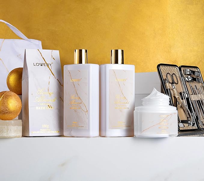 Mothers Day Gifts for Mom, Gift Basket, Spa Gifts For Women, 31Pc Self Care Kit, Stress Relief Gift, Birthday, Thank You, Honey Almond Bath and Body Gift - Toiletry Bag, Nail Kit, Bath Bombs & More