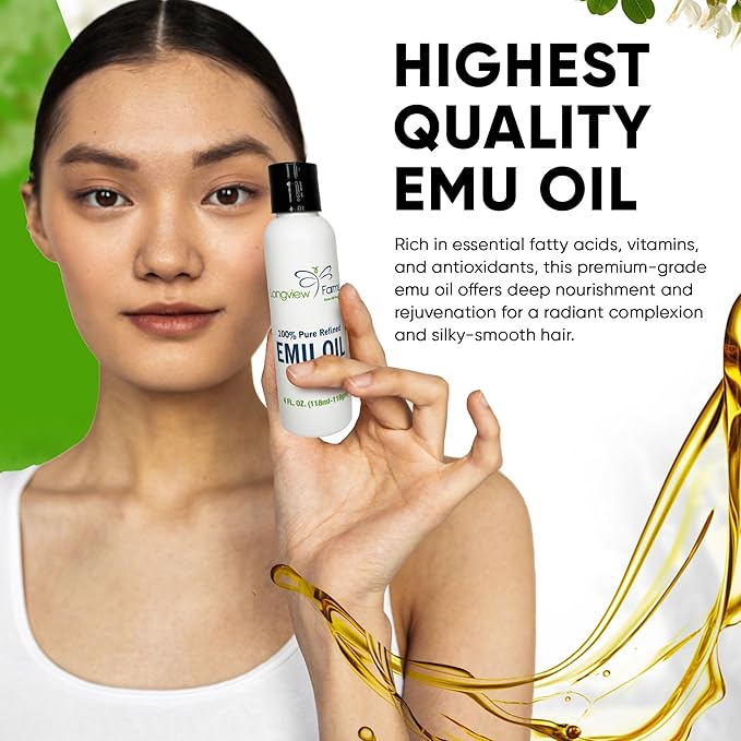 Longview Farms® Emu Oil - Hair and Body - 100% Pure & Refined | Pure Emu Oil for Skin & Hair Care | Premium Quality Hydration & Nourishment | 1 Fl. Oz
