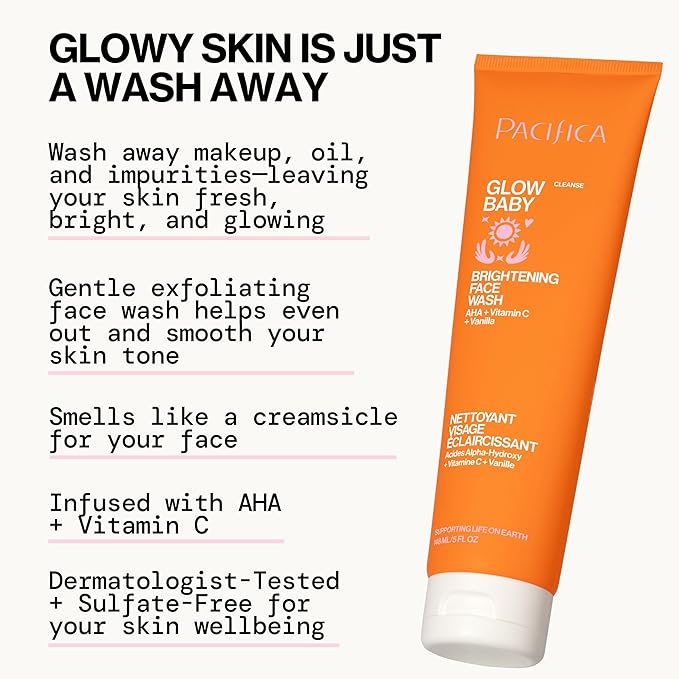 Pacifica Glow Baby Brightening Facial Cleanser 5oz – Vitamin C & Glycolic Acid (AHA) Face Wash for Radiance – Daily Cleanser for Anti-Aging Exfoliating for Smooth, Even Glowing Skin Vegan Clean Beauty