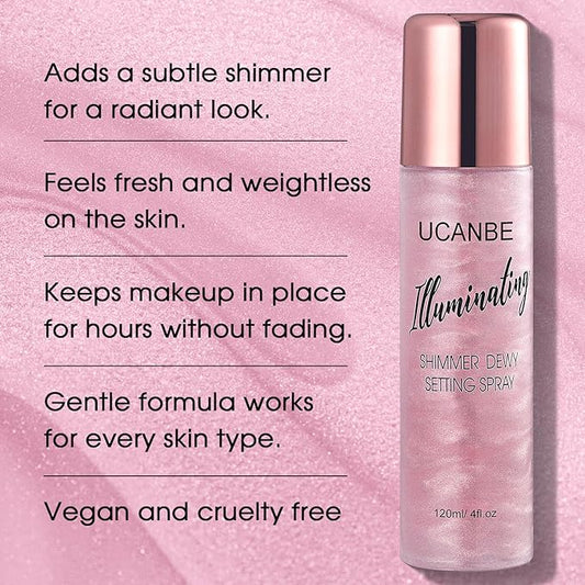 UCANBE Shimmer Dewy Setting Spray – Glowing + Makeup Setting Spray 2 in 1 Lightweight Formula for a Radiant Glow,Long-Lasting Face Mist for Face Body, 4 Fl Oz #Bubblegum