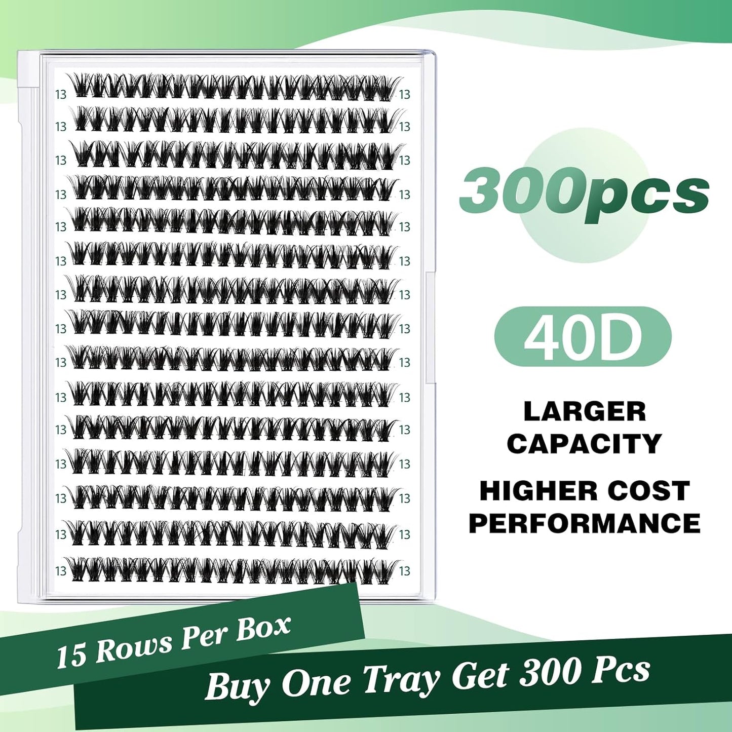 Lash Clusters 300pcs Individual Lashes 40D 0.07D Curl 13mm DIY Eyelash Extension KEYYOU Large Tray Volume Soft&Natural Eyelash Clusters(40D-0.07D,13）