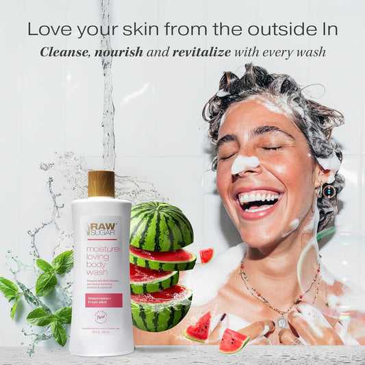 RAW SUGAR Moisture Loving Body Wash - Watermelon + Fresh Mint, Moisturizing & Refreshing Bath & Shower Gel, Sulfate-Free, Paraben-Free & Vegan (Pack of 3)