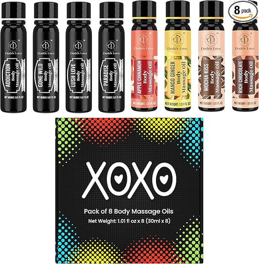XOXO - 8 Piece Flavoured Body Massage Oils Set - Natural Pleasant Aroma for Men & Women - Quality Assurance, Nourishing & Moisturizing - 240ML/8.11 FL Oz - by Dude’s Love