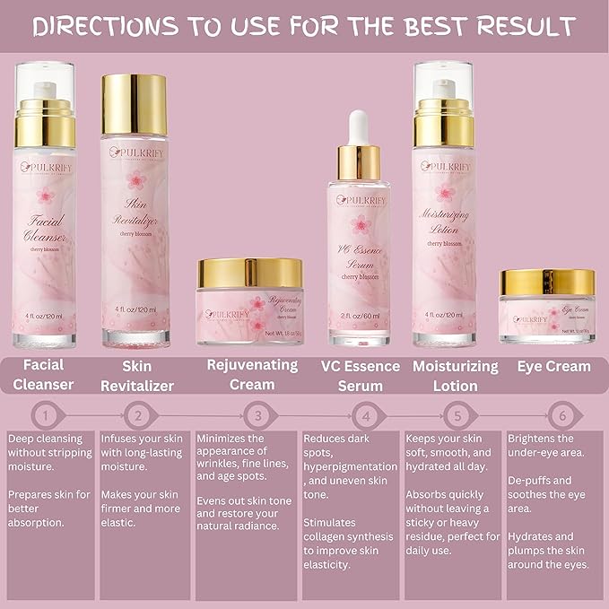 Luxurious Korean Style Cherry Blossom Facial Cleanser & Moisturizer Set, Facial Cleanser, Moisturizer, Revitalizer, Serum, Rejuvenator, Eye Cream, Daily Skincare Routine, Retinol Free
