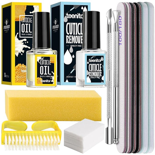 Teenitor Cuticle Remover Cuticle Remover Kit, Nail Care Kit with Cuticle Remover Cuticle Oil Nail File Nail Buffer Cuticle Pusher, Cuticle Peeler Scraper, Manicure Care Tools Milk and Honey