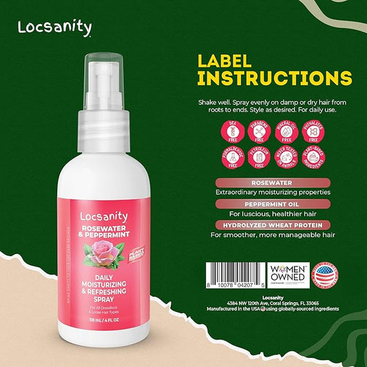 Locsanity Rosewater and Peppermint Daily Moisturizing Spray – Trial Size Hydrating Dreadlock Spray to Nourish The Scalp and Protect Hair from Oil and Buildup (4oz)