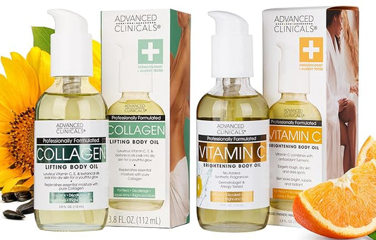 Advanced Clinicals Collagen Lifting Body Oil + Vitamin C Brightening Body Oil Moisturizer Skin Care Set - Nourishing, Brightening, & Firming Oil To Improve Look Of Sagging Skin, 2PC Bundle