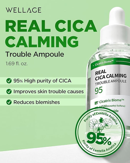 WELLAGE Real Cica Calming Trouble Ampoule - Korean Skincare Soothing Serum, Madecassoside Centella Asiatica Panthenol Niacinamide, Relief Redness, Sebum Control, Improves Blemishes, 1.69 fl.oz.