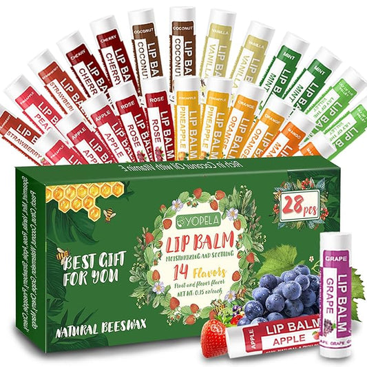 Yopela 28 Pack Natural Lip Balm Bulk with Vitamin E and Coconut Oil - Moisturizing, Soothing, and Repairing Dry and Chapped Lips Valentine's Gift - 14 Flavors - Non-GMO