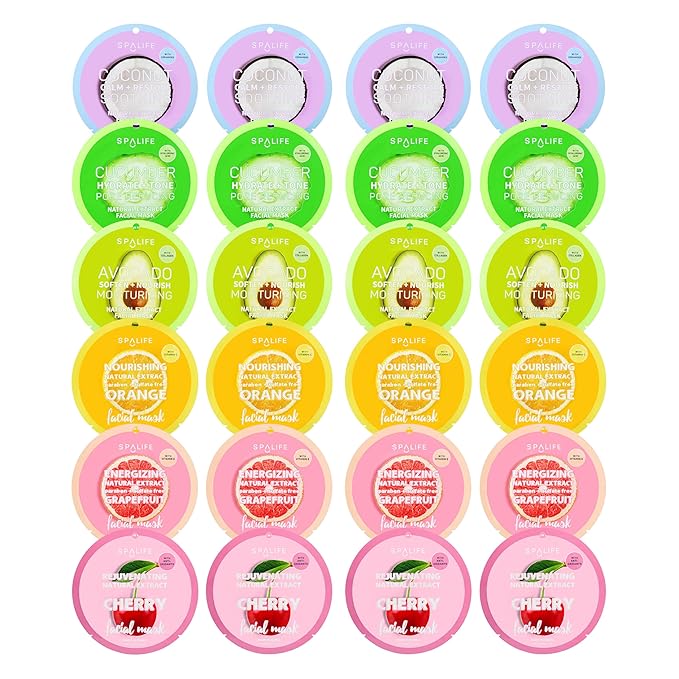 SpaLife Beauty Fruit Facial Sheet Masks 24 Pack – Face Masks Skincare Set – Hydrating Face Masks – 6 Natural Fruit Extract Formulas – Orange, Grapefruit, Coconut, Cherry, Avodcado, Cucumber