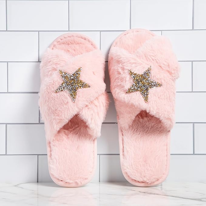 Nicole Miller Bath and Body Present Set Piece Foot Spa Set with Fuzzy Slippers, a Sponge, Foot Lotion, and Foot Scrub, Rosehip with Sparkle Star Slippers