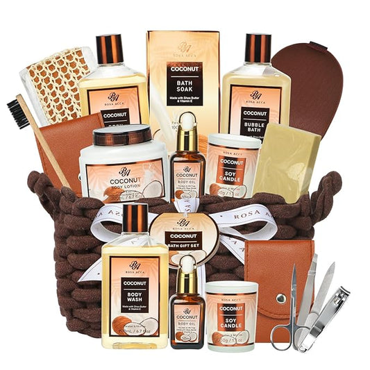 Mother's Day Gift for Mom, Spa Gift Set, 12pcs Spa Basket Set Coconut & Almond For Women & Men, Body Wash, Bubble Bath, Bath Soak, Manicure Set, Birthday Gifts, Gift for Her Home Bath, Self Care Kit