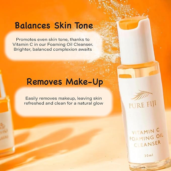 Pure Fiji Vitamin C Brightening Duo Kit - Foaming Oil and Brightening Vitamin C Face Serum - Anti Aging Anti-Wrinkle Facial Serum Gentle Foaming Oil, Antioxidant Serum, for All Skin Types