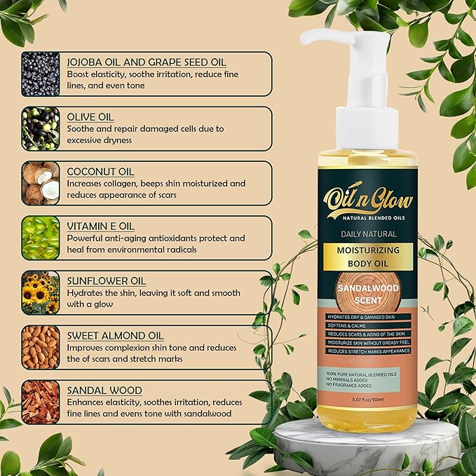 100% Pure Natural Hydrating Body Oil After Shower with Vitamin E, Coconut, Jojoba, Olive, Almond - Moisturizing Oil For Dry Skin, Non-Greasy Body Oils - Sandalwood Scent, 5.07 fl oz