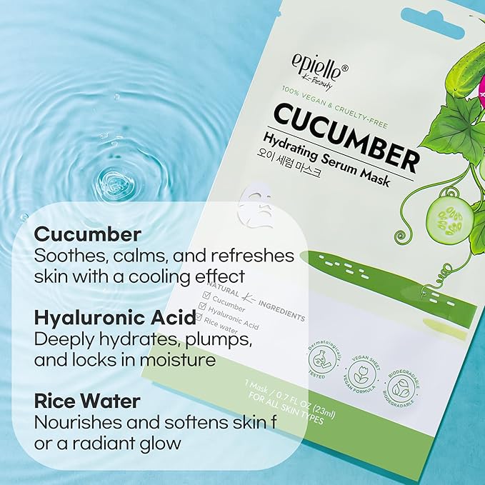 Epielle Cucumber Hydrating Serum Sheet Masks (5pk) | Korean Skincare | Facial Sheet Mask | Kbeauty, Mother's Day Gifts