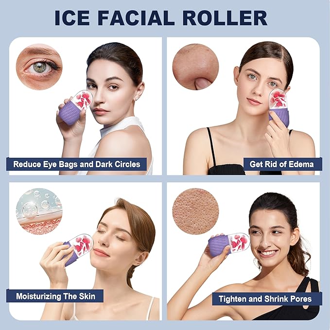 2 Pack Ice Roller for Face and Eye, Skin Care for Shrink Pores Reduce Puffiness, Nursing Tool for Fever, Redness and Swelling, Ice Cube, Ice Mold, Ice Stick, Ice Holder for Face Women Men Purple-Blue