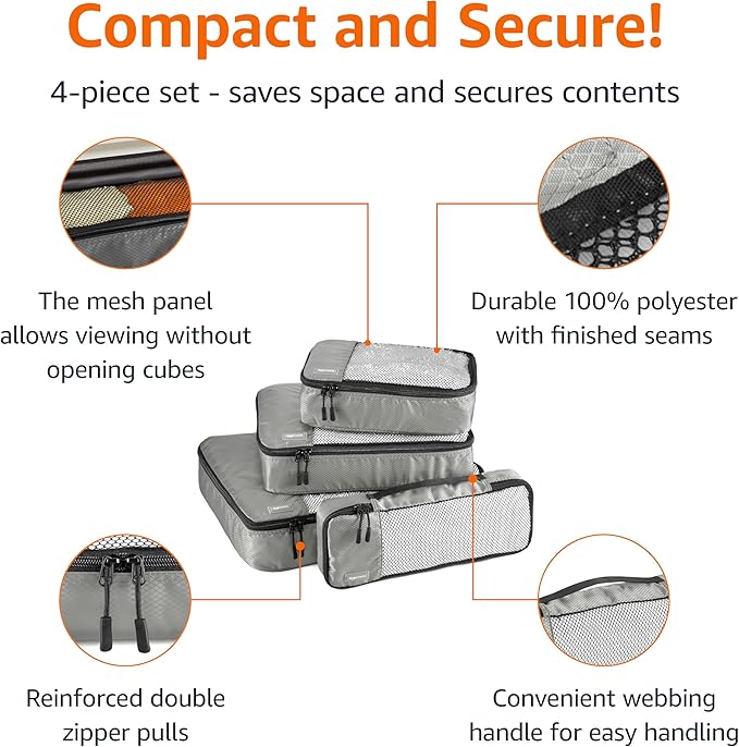 Amazon Basics Lightweight Packing Cubes Travel Organizer Set with Double Zipper, Mesh Top, Multiple Sizes, 4 Piece, Gray