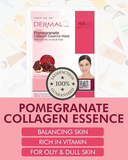 DERMAL Pomegranate Collagen Korean Facial Mask Sheet Pack of 10- Revitalizing, Vibrant Skin, Elasticity - Hypoallergenic Skin Friendly Sheet