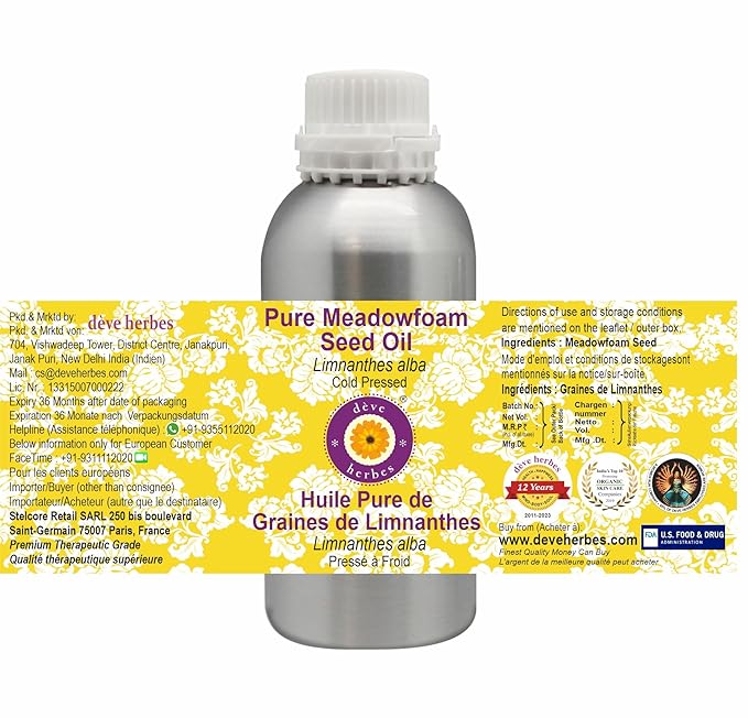 Deve Herbes Pure Meadowfoam Seed Oil (Limnanthes alba) Cold Pressed 1250ml for personal care (42 oz)
