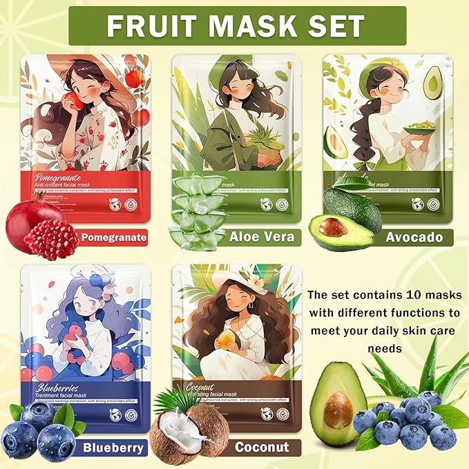 Facial Masks for Women Skin Care,10 Pack Kids Face Masks Spa,Hydraiting Hyaluronic Acid Face Mask Set for Girls,Natural Ingredients Mascarillas Faciales Para Niñas