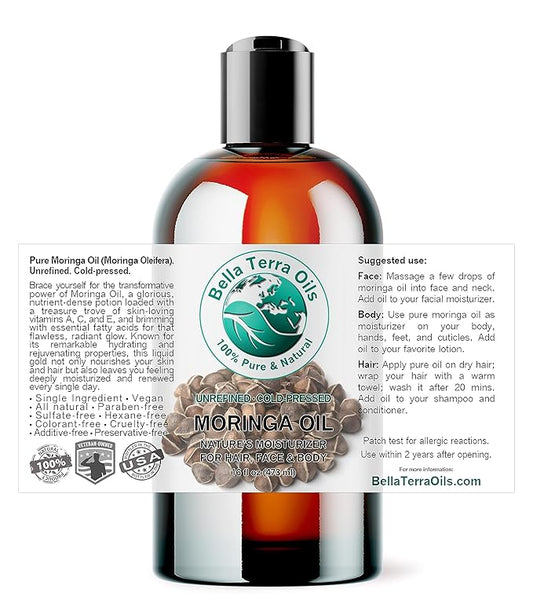 Bella Terra Oils - Organic Moringa Oil 16 oz - Cold-Pressed Mastery, Packed with Vitamins & Antioxidants, Impeccable for Natural Skin Nourishment