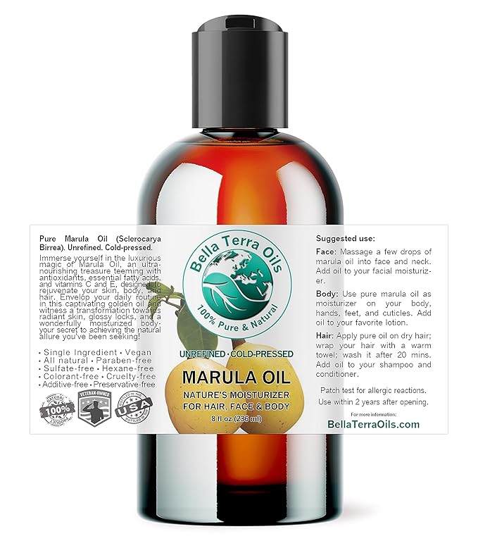 Bella Terra Oils - Marula Oil 8 oz - Cold-Pressed, Rich in Amino Acids & Antioxidants, the Epitome of Luxury Face Oil, Boost Your Glow
