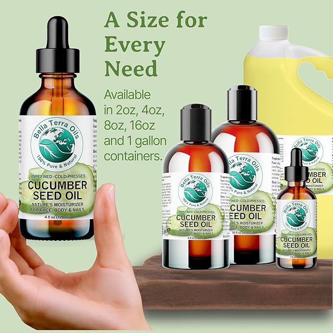 Bella Terra Oils - Cucumber Seed Oil 2 oz - Cold-Pressed Marvel, Packed with Vitamin E, B1, B2 & B3, Omega-6 Fatty Acids, Perfect Complement to Your Skin Regimen