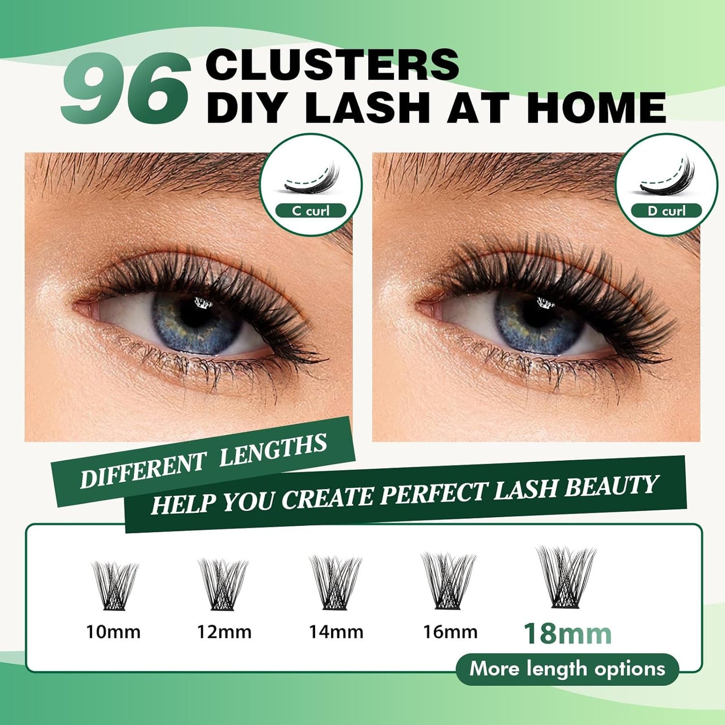 Lash Clusters 96pcs Individual Lashes D Curl 16mm Eyelash Clusters KEYYOU Volume Wispy Lash Extension Soft&Comfortable Easy DIY at Home(Y18,D-16mm)
