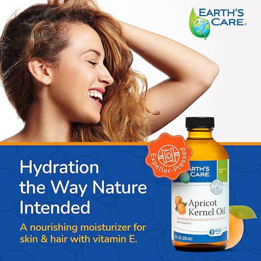 Earth's Care Apricot Kernel Oil - Apricot Oil for Skin and Hair with Vitamin E - Expeller Pressed, Glass Bottle - 8 Fl OZ