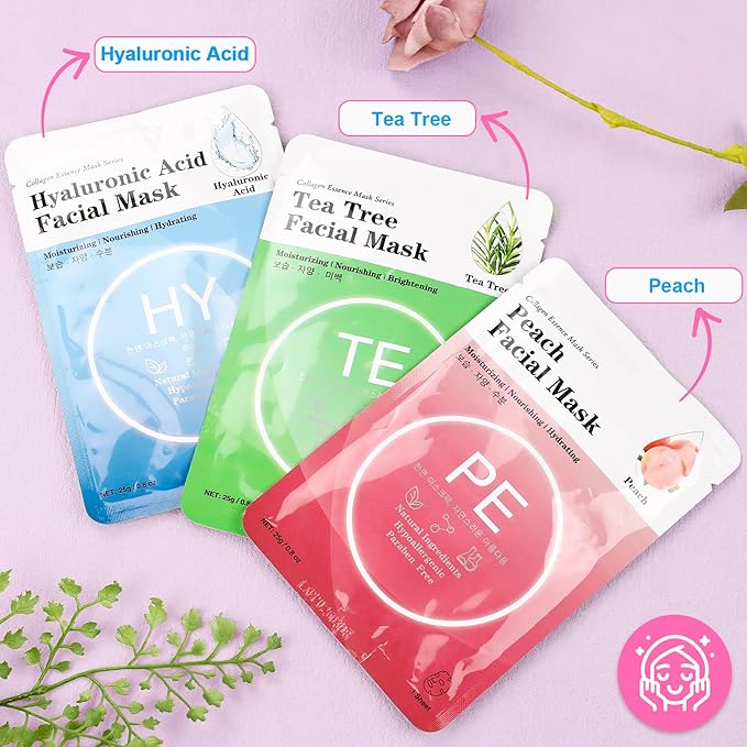 VESPRO 100 Pack Collagen Essence Sheet Facial Masks, Bulk Face Masks Skincare, Hydrating Face Masks for All Skin Types, Moisturizing and Soothing, Natural Skin Care Spa Face Mask
