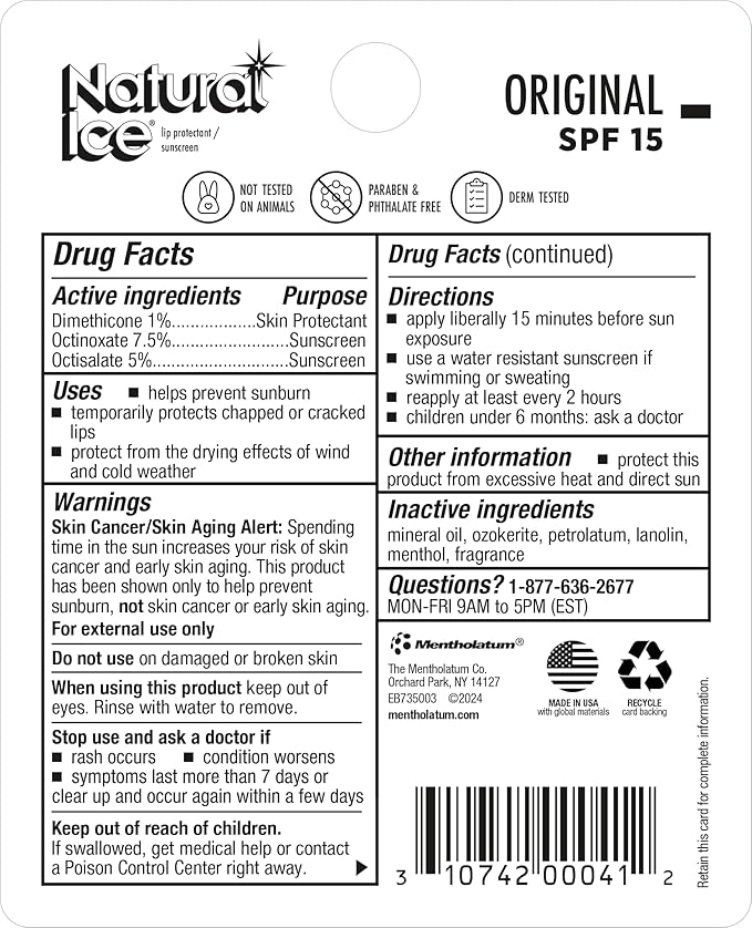 Mentholatum Natural Ice Lip Balm Original SPF 15 1 Each ( Packs of 48), 0.16 Ounce (Pack of 48)