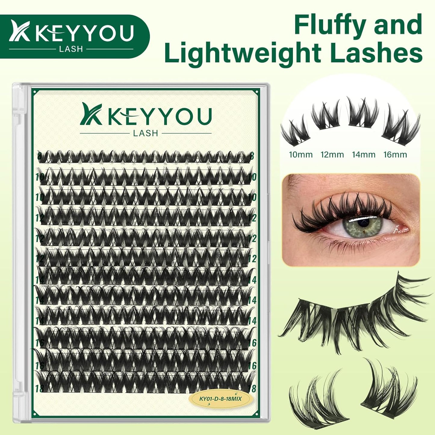 KEYYOULASH Lash Clusters Manga Lash Extension D Curl 120pcs 8-18mm Wispy Eyelash Clusters Natural Volume Eyelash Extensions Individual Lashes DIY at Home(KY01,D-8-18MIX)