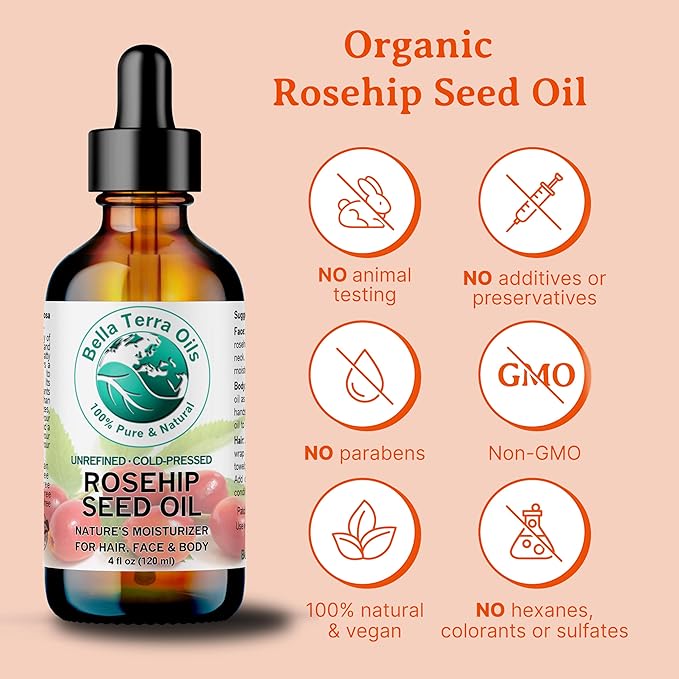 Bella Terra Oils - Organic Rosehip Seed Oil 2 oz - Cold-Pressed Elixir, Rich in Vitamin A, C, & E, Linoleic & Alpha-Linolenic Acid, Perfect Facial Emollient