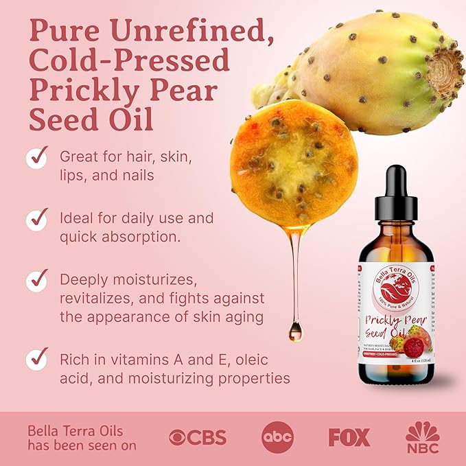 Bella Terra Oils - Prickly Pear Seed Oil 2oz - The Essence of Prickly Pear Cactus, A Haven of Vitamin A & Magnesium, an Elegant Addition to Your Routine