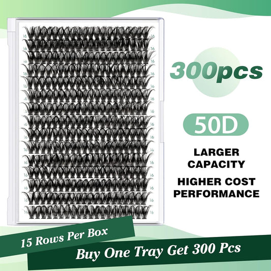 Lash Clusters 300pcs Individual Lashes 50D 0.07D Curl 16mm DIY Eyelash Extension KEYYOU Large Tray Volume Soft&Natural Cluster Lashes(50D-0.07D,16）
