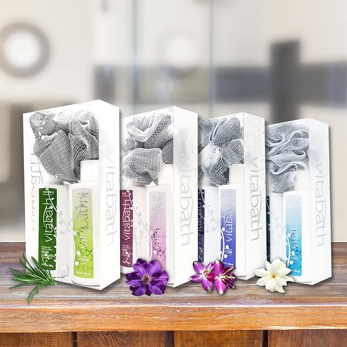 Vitabath Spa Skin Therapy Everyday Skincare Set Moisturizing Shower Gel Wash, Reviving Lotion & Exfoliating Body Scrubber Pouf - Refreshing Foam Cleanser & Dry Skin Hydration for Women & Men