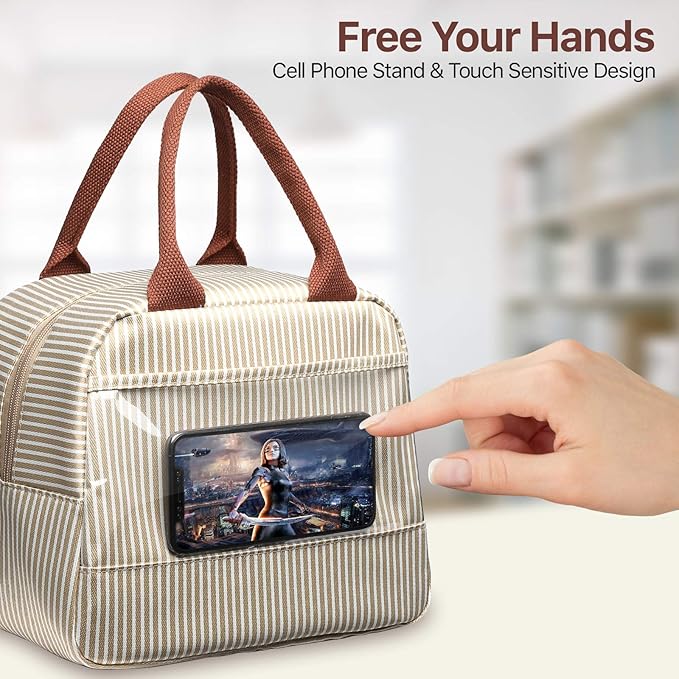 Bagseri Insulated Lunch Bag Women - Lunch Bag for Women Men Reusable Lunch Box Leakproof Thermal Cooler Sack Food Handbags Case High Capacity for Work and Picnic (Khaki White Stripe)