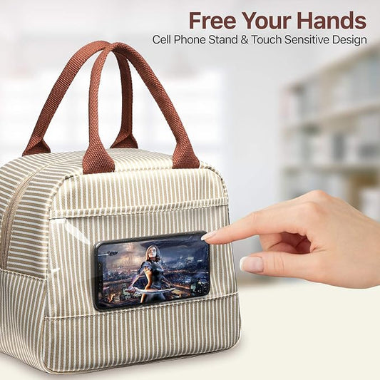 Bagseri Insulated Lunch Bag Women - Lunch Bag for Women Men Reusable Lunch Box Leakproof Thermal Cooler Sack Food Handbags Case High Capacity for Work and Picnic (Khaki White Stripe)