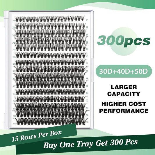 Lash Clusters 300pcs Eyelash Clusters 30D+40D+50D 0.07D Curl 10-18MIX DIY Eyelash Extension KEYYOU Large Tray Volume Soft&Natural Individual Lashes(30D40D50D-0.07D,10-18MIX）