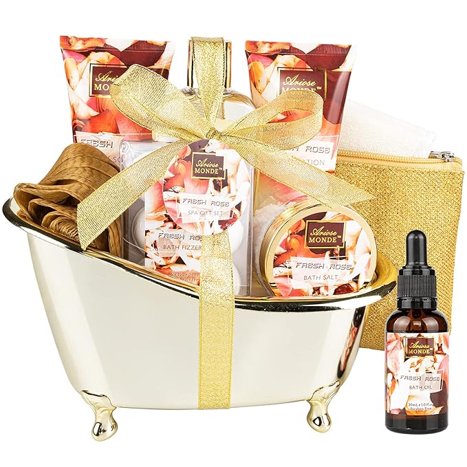 Fresh Rose Scented Spa Gift Set for Him & Her, 10-Piece Collection with Shower Gel, Bubble Bath, Body Lotion, Scrub, Salt, Bombs, Puff, Oil