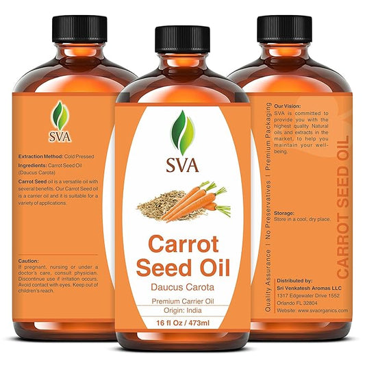 SVA Carrot Seed Oil - 16 Fl Oz – 100% Natural Cold Pressed Carrot Oil - for Face, Skin Care, Hair Care, Scalp Massage & Body Massage – Carrier Oil