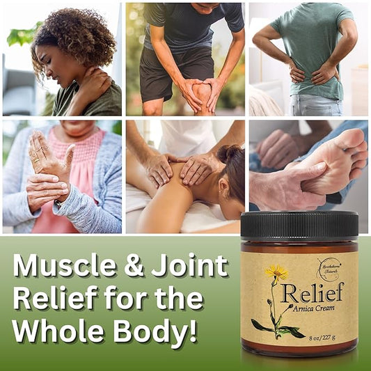 Relief Arnica Cream – Enriched with Lemongrass, Eucalyptus & Rosemary Essential Oils – All Natural Massage Lotion for Sore Muscles & Stiffness. Perfect for Massage Therapy by Brookethorne Naturals