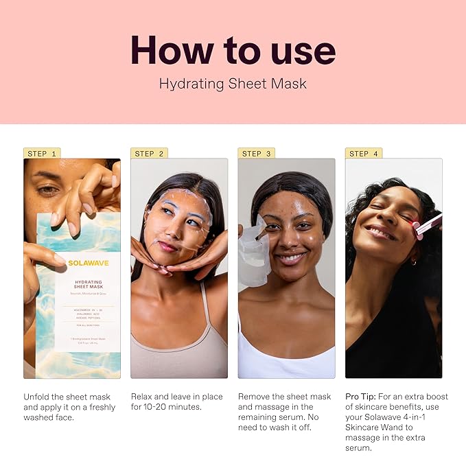 Solawave Hydrating Sheet Mask, Anti Aging Face Mask with Niacinamide, Hydrating Face Mask with Hyaluronic Acid, Moisturizing Face Masks (5 Pack)