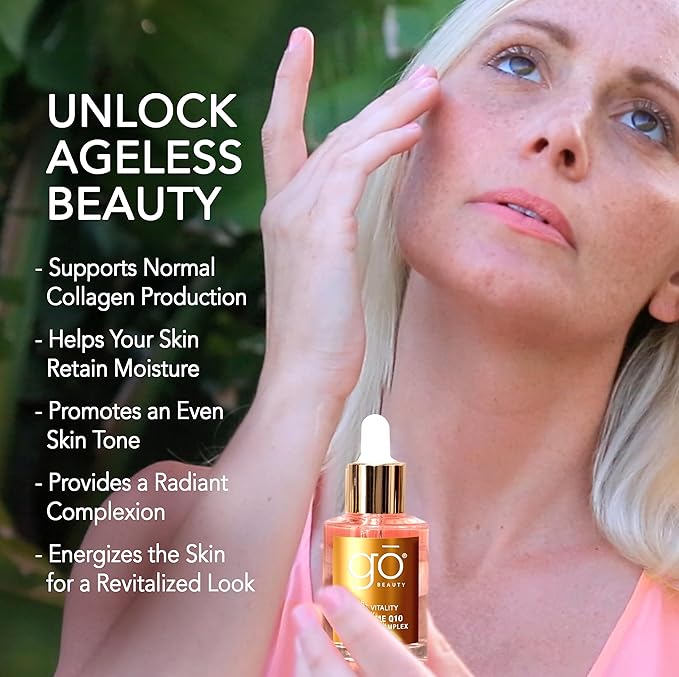 Go Beauty Longevity CoQ10, Daily Antioxidant Defense Serum - A Super Food for Skin, Boost Skin Health, Anti-Aging, Sun Damage, Sagging Skin – with 7 Peptides & Vitamin B3 – Pure Vitality, 1 fl. Oz
